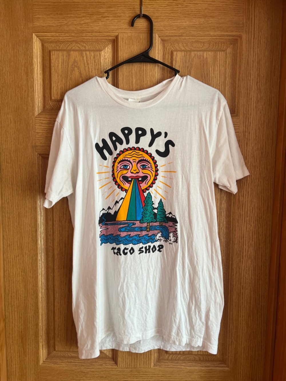 Happy's Taco Shop Graphic Tee - White with Multi-Color Sun Design